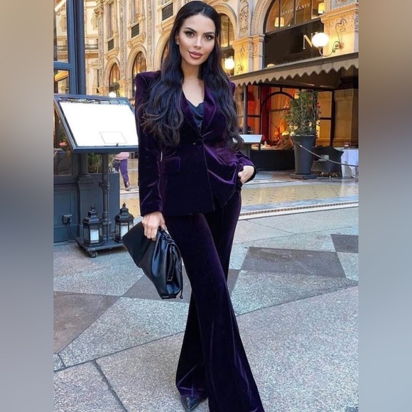 NEW!! LUXURY LAPEL COLLAR LONG SLEEVE VELVET BLAZER MATCHING SET - PURPLE - Picture 2 of 8